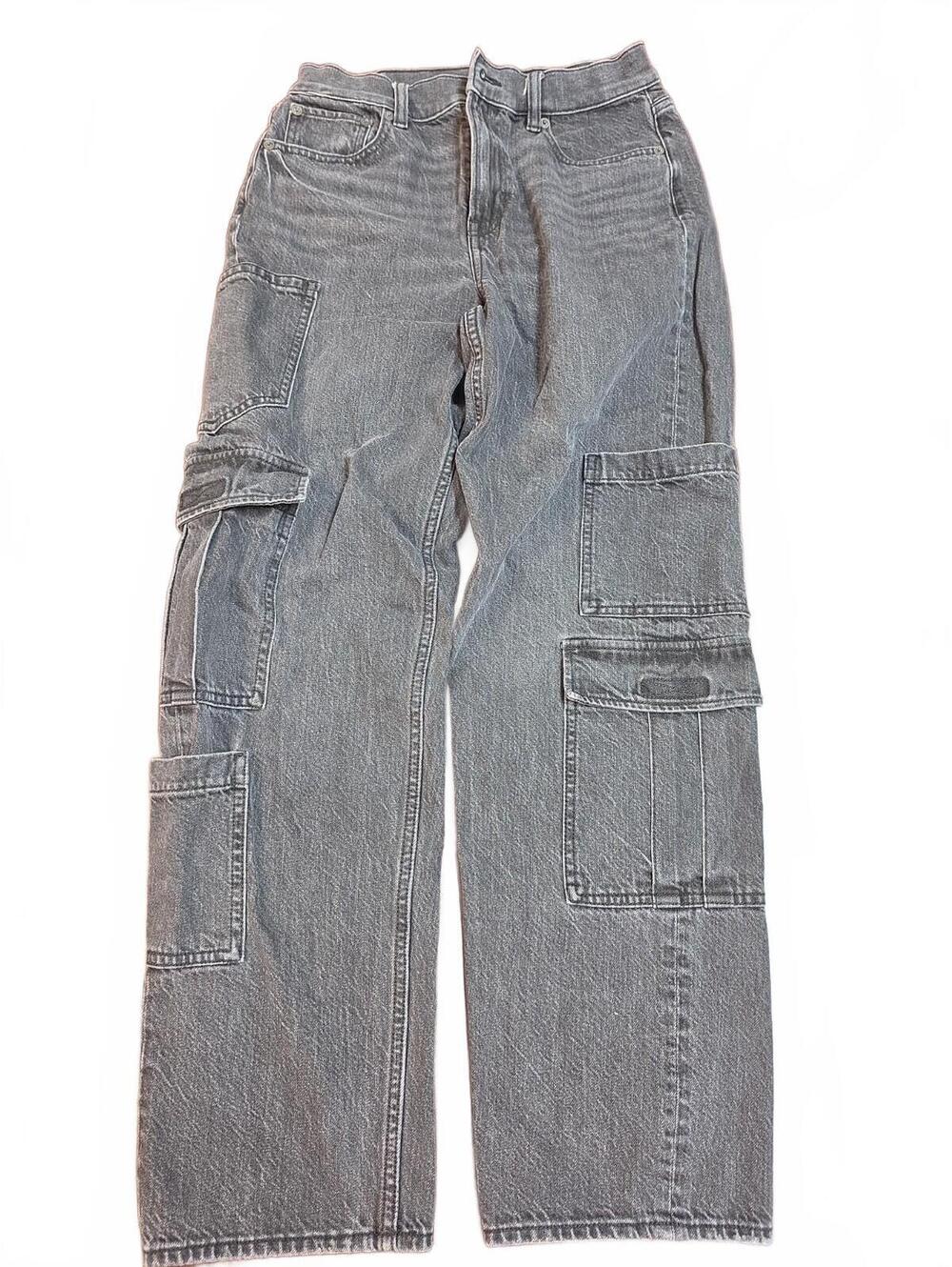 American Eagle Super High Rise Baggy Straight Cargo Jeans Black Womens 2 Short